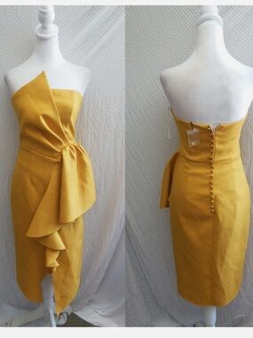 Elliatt Mustard Yellow One-Shoulder Ruffle Sheath Dress